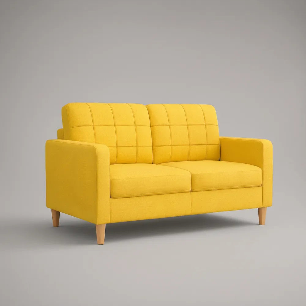 Sofá de 2 Lugares em Poliéster Amarelo com Pés em Madeira Natural, 150 x 82 x 85 cm