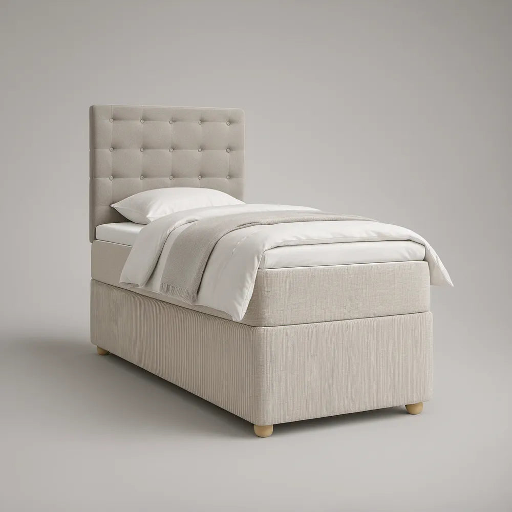 Cama Individual Estofada Bege com Cabeceira Capitoné e Estrado, 90 x 190 cm