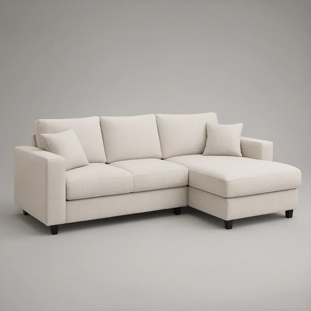 Sofá de Canto em L com Chaise Longue Direita em Tecido Bege-claro, 220 x 150 x 85 cm