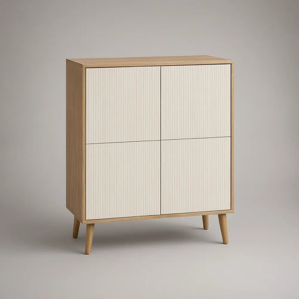 Armário Alto de 4 Portas em Carvalho Natural e Branco Mate, 90 x 40 x 110 cm