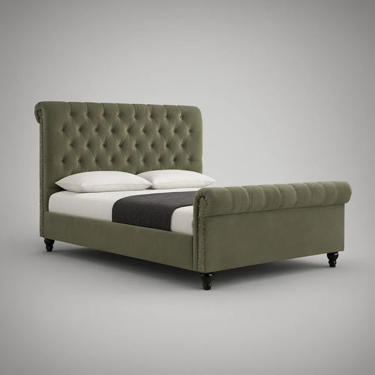 Cama de Casal Estofada 160 x 200 cm com Cabeceira Capitonê em Veludo Verde-Azeitona