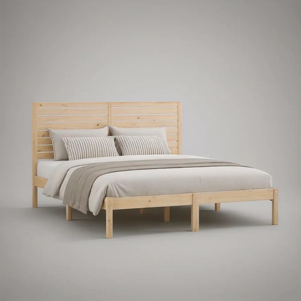 Cama de Casal 160 x 200 cm em Pinho Maciço Natural com Cabeceira Ripida