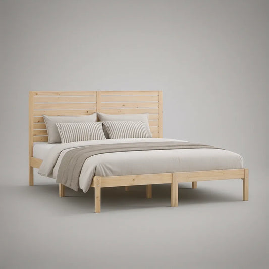 Cama de Casal 160 x 200 cm em Pinho Maciço Natural com Cabeceira Ripida