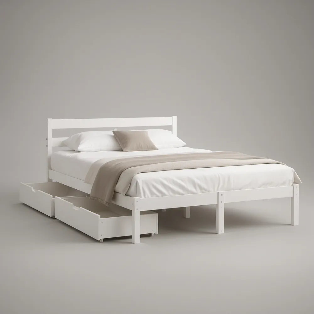 Estrutura de Cama de Casal Branca em Pinho Maciço com 2 Gavetas, 160 x 200 cm