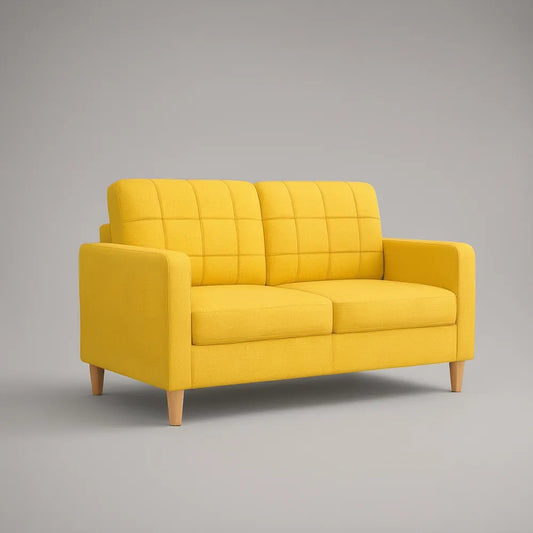 Sofá de 2 Lugares em Poliéster Amarelo com Pés em Madeira Natural, 150 x 82 x 85 cm
