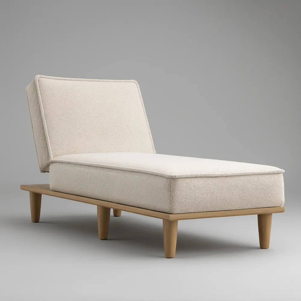 Chaise Longue sem Braços em Poliéster Bege com Base em Madeira Maciça 150 x 75 x 82 cm