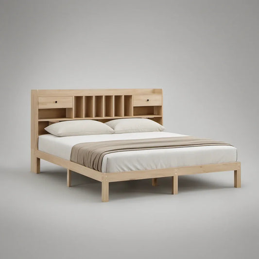 Cama de Casal em Pinho Maciço Natural 160 x 200 cm com Cabeceira de Arrumação