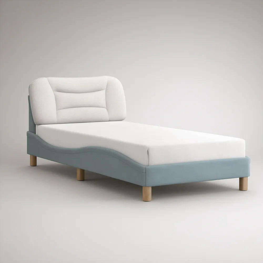 Cama Individual Estofada Azul-claro e Branca com Cabeceira Acolchoada, Colchão 90 x 200 cm