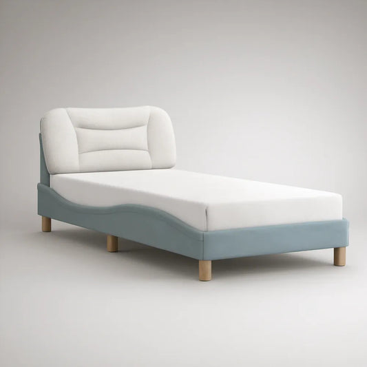 Cama Individual Estofada Azul-claro e Branca com Cabeceira Acolchoada, Colchão 90 x 200 cm