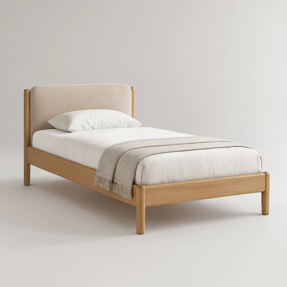 Cama individual 90 x 200 cm em carvalho natural com cabeceira estofada bege
