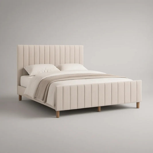 Cama de Casal Estofada Bege para Colchão 160 x 200 cm com Cabeceira e Peseira Caneladas