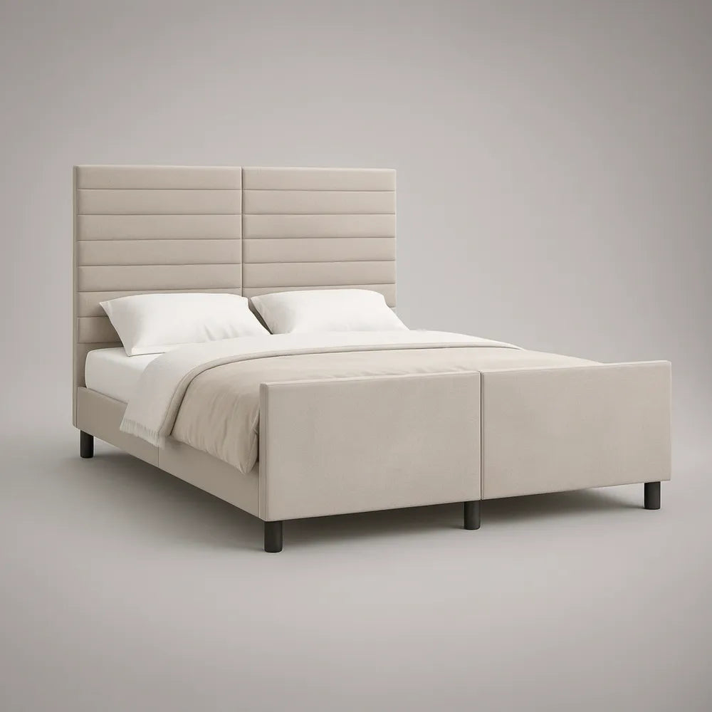 Cama de Casal Estofada Bege 160 x 200 cm com Cabeceira Alta e Pés Pretos