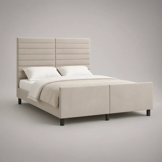 Cama de Casal Estofada Bege 160 x 200 cm com Cabeceira Alta e Pés Pretos