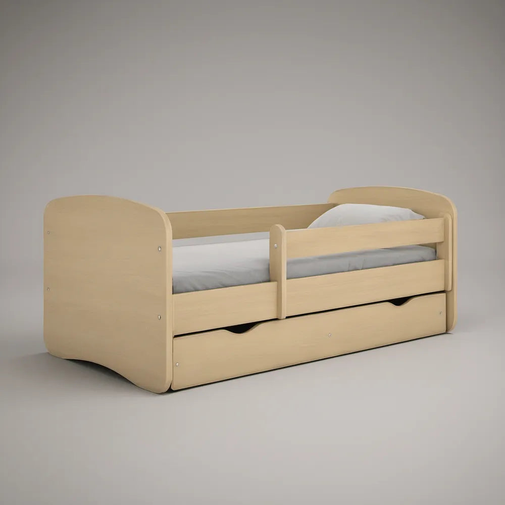 Cama para Criança 140 x 70 cm com Proteções Laterais e Gaveta Inferior em Bétula Natural