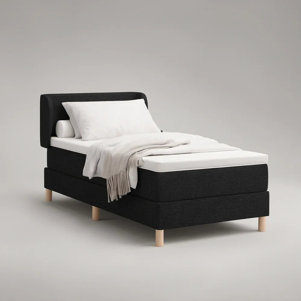 Cama Individual Estofada em Poliéster Preto e Madeira Natural para Colchão 90 x 200 cm