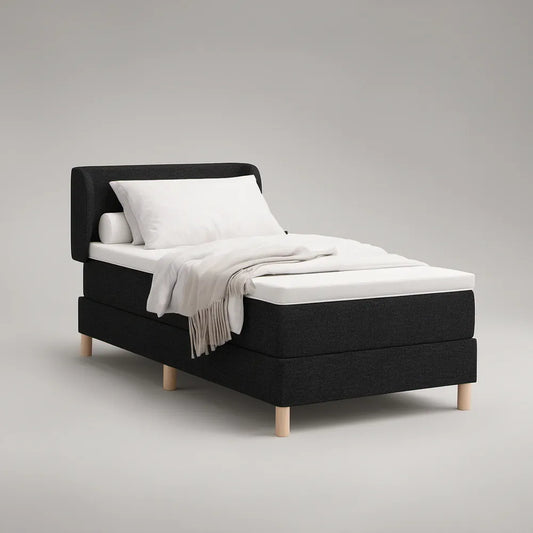 Cama Individual Estofada em Poliéster Preto e Madeira Natural para Colchão 90 x 200 cm