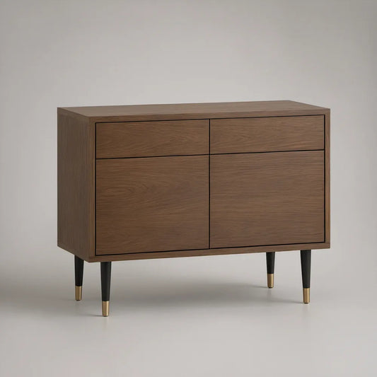 Aparador Retangular em MDF com Acabamento Nogueira, Preto e Dourado, 2 Gavetas e 2 Portas, 120 x 40 x 80 cm
