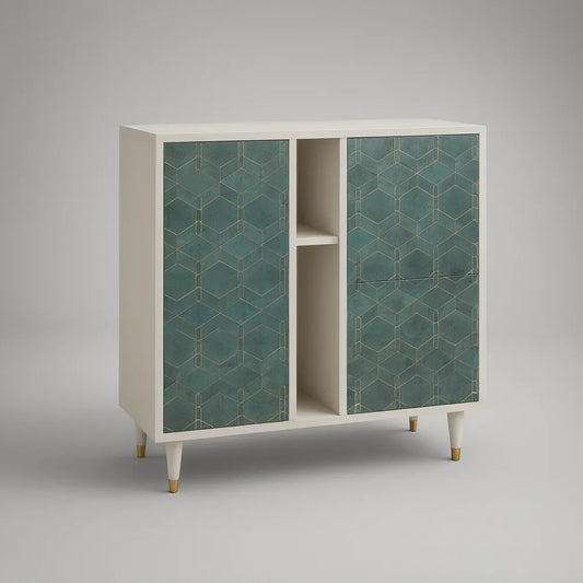 Aparador Branco e Verde com 2 Portas, Padrão Geométrico Dourado, 100 x 40 x 110 cm